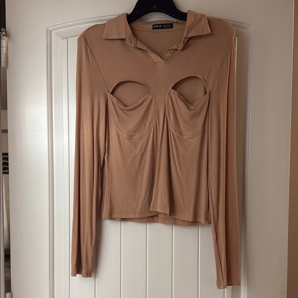 SHEIN Brown Long Sleeve Button Down Blouse with Ruched Cut Out